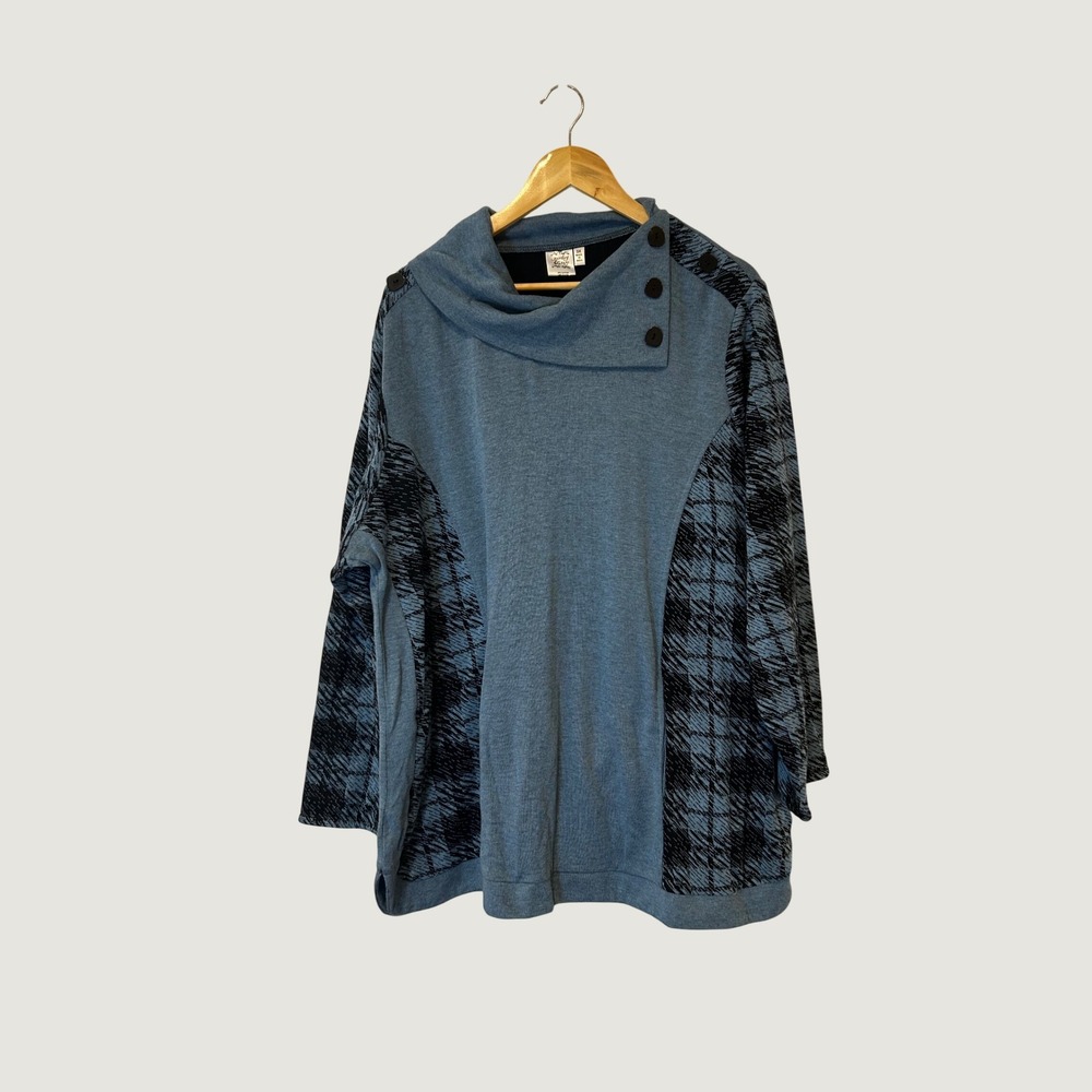 Parsley & Sage Tunic Top Women 3X Blue Plaid Button Cowl Neck Long Sleeve Cotton